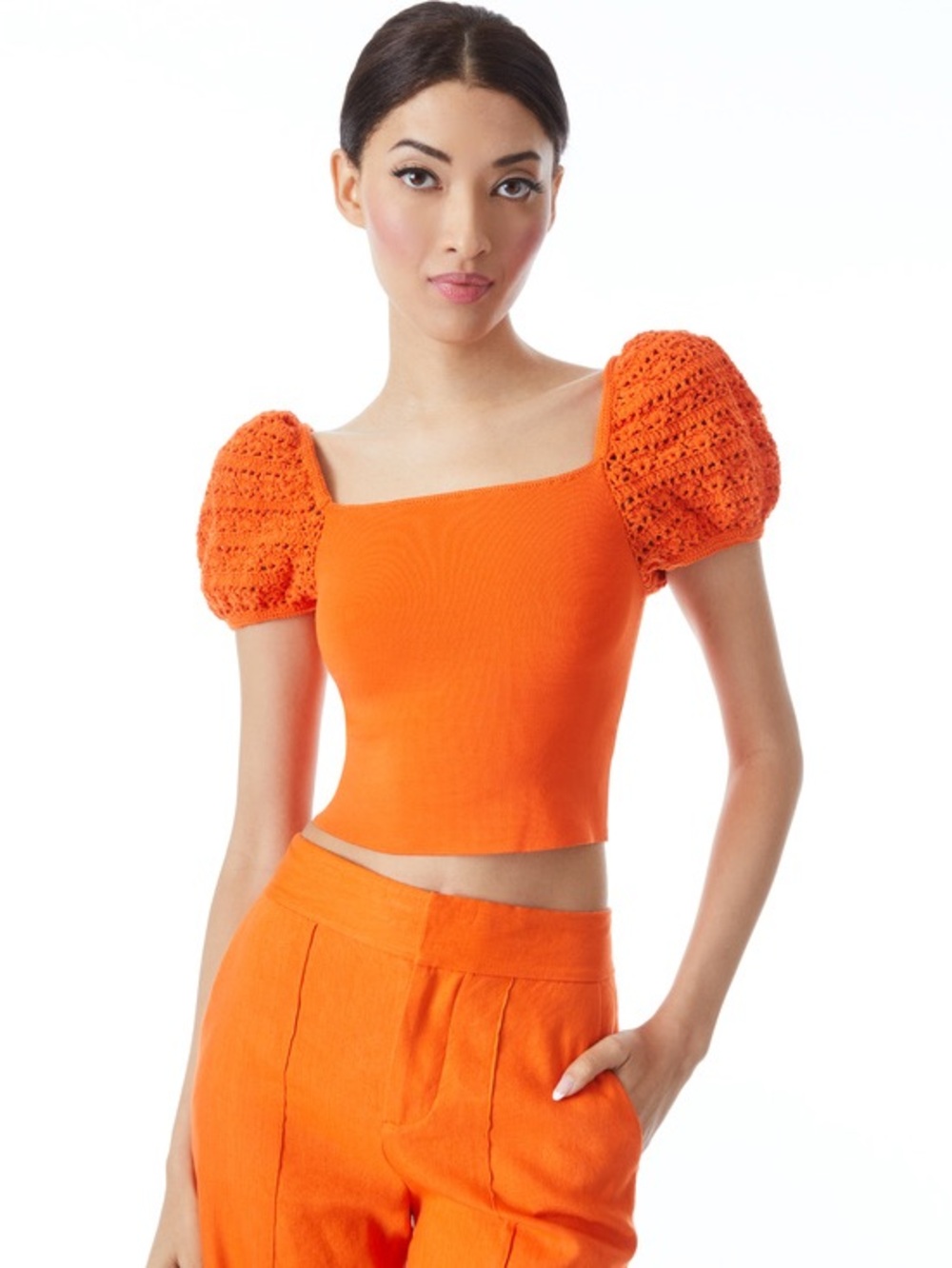NWOT Alice + Olivia Orange Crochet Puff-Sleeve Square-Neck Crop Top